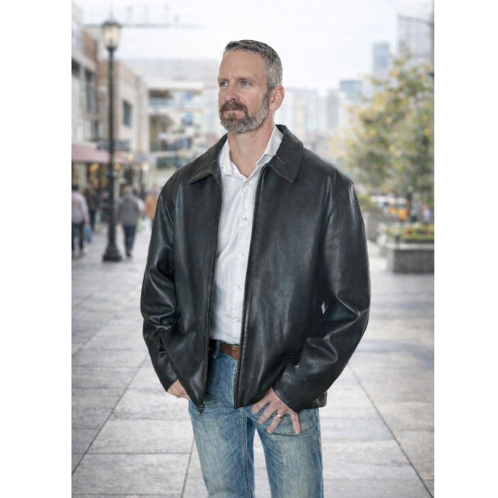 Vintage 1990s Alfani Black Leather Jacket Men’s Large L | Classic Zip Front Coat